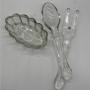 Large Clear Glass Fork/Spoon and Holder